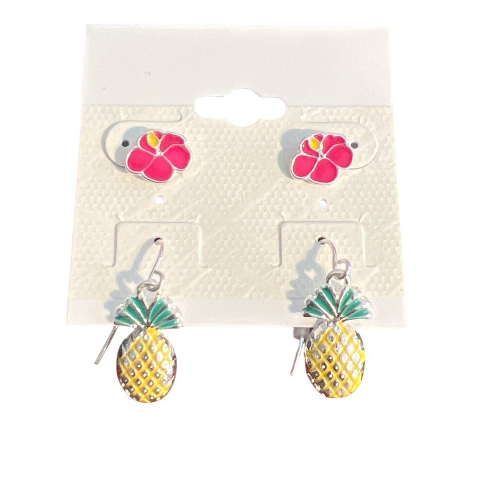 Pineapple Hibiscus Plumeria Stud Dangle Earrings Set Silver Tone Enamel NEW